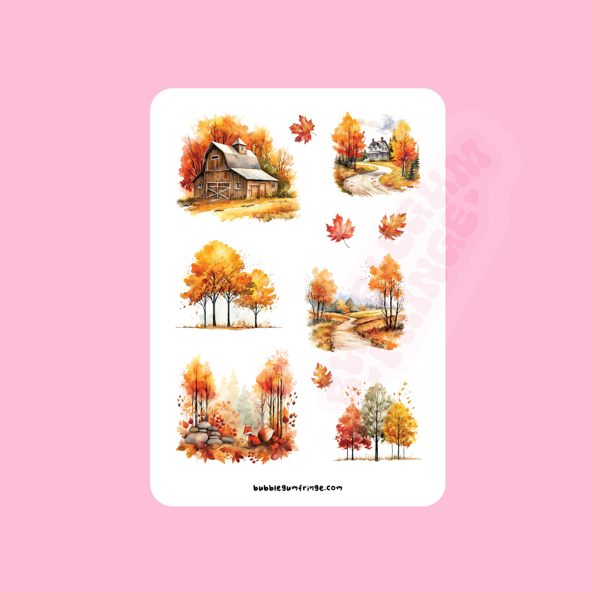Autumn themed sticker sheet with trees and houses