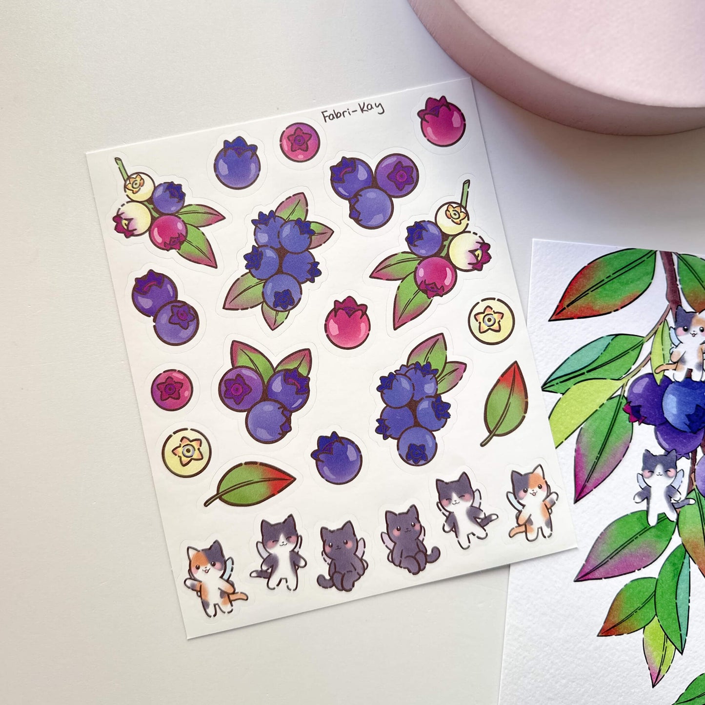 FabriKay Fruit Fairy Sticker Sheet & Art Print Set - Blueberry cats