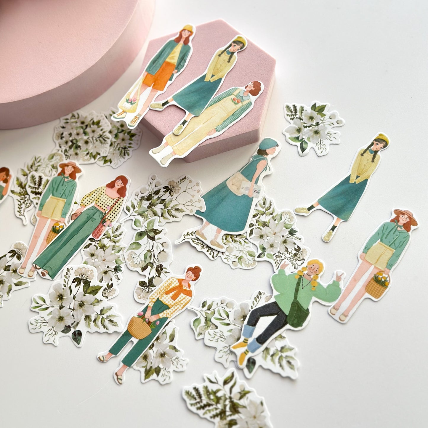 Flower picking girls sticker pack - Emerald/blue - washi stickers