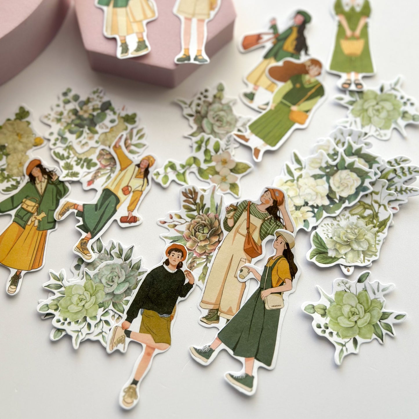 Flower picking girls sticker pack - Green - washi stickers