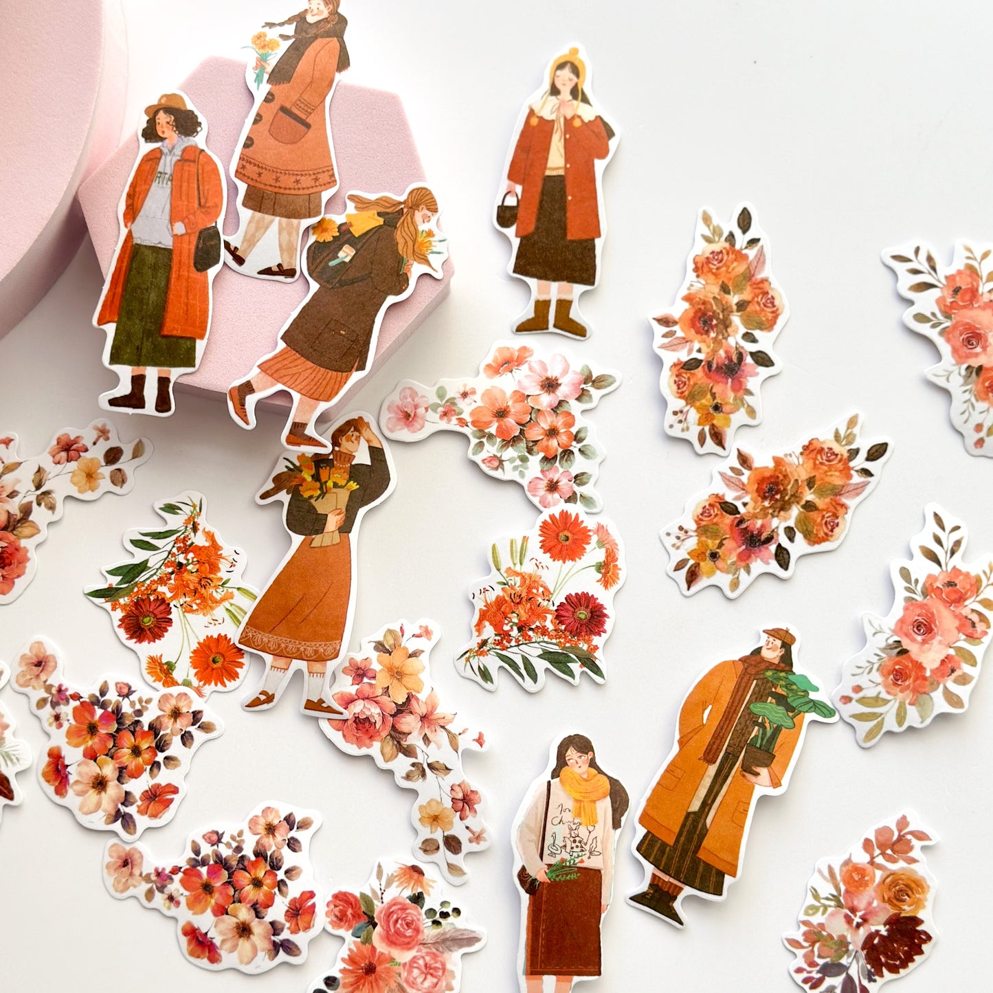 Flower picking girls sticker pack - Orange - washi stickers