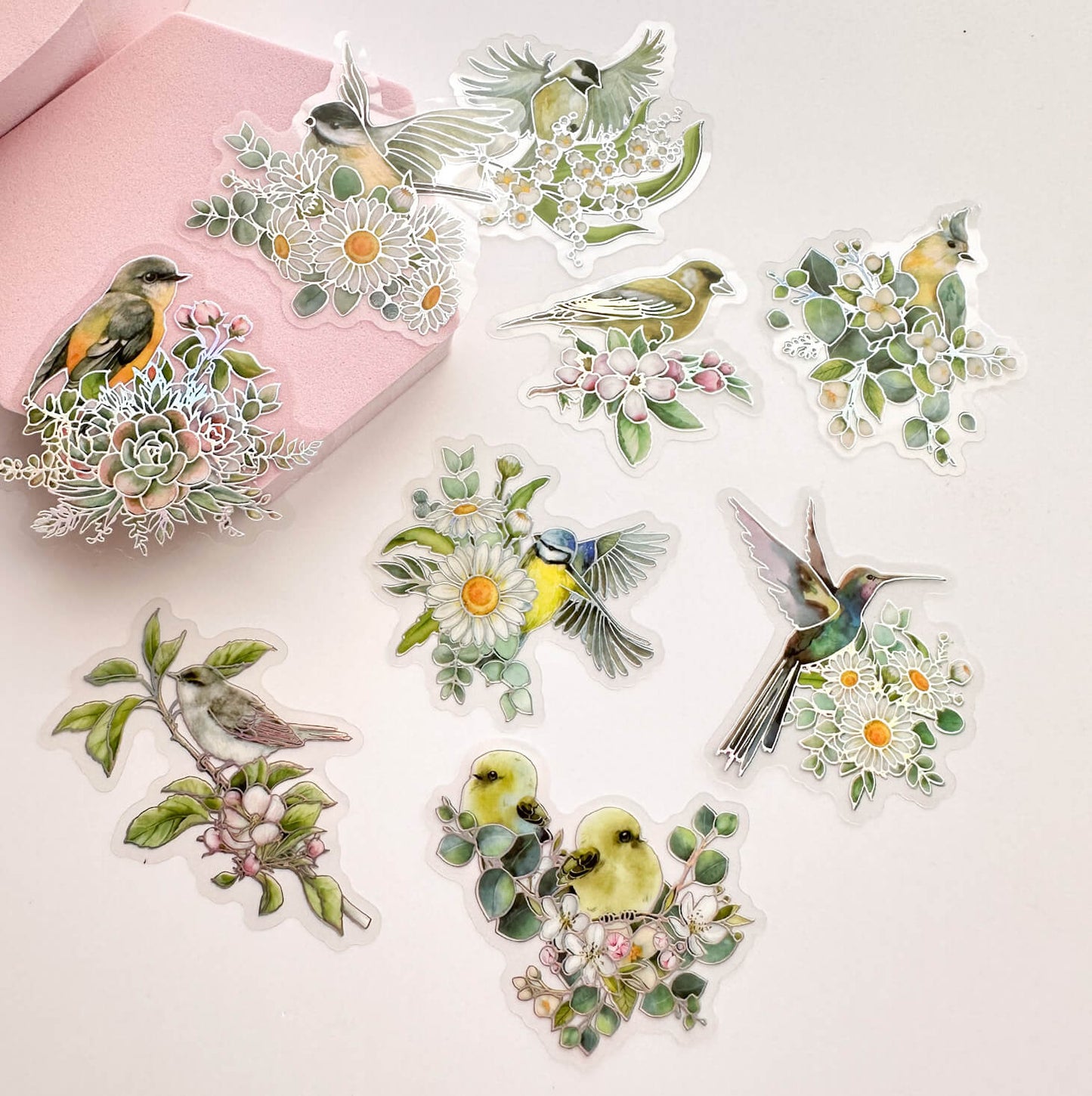 Holographic bird & flowers sticker packs - 20pcs