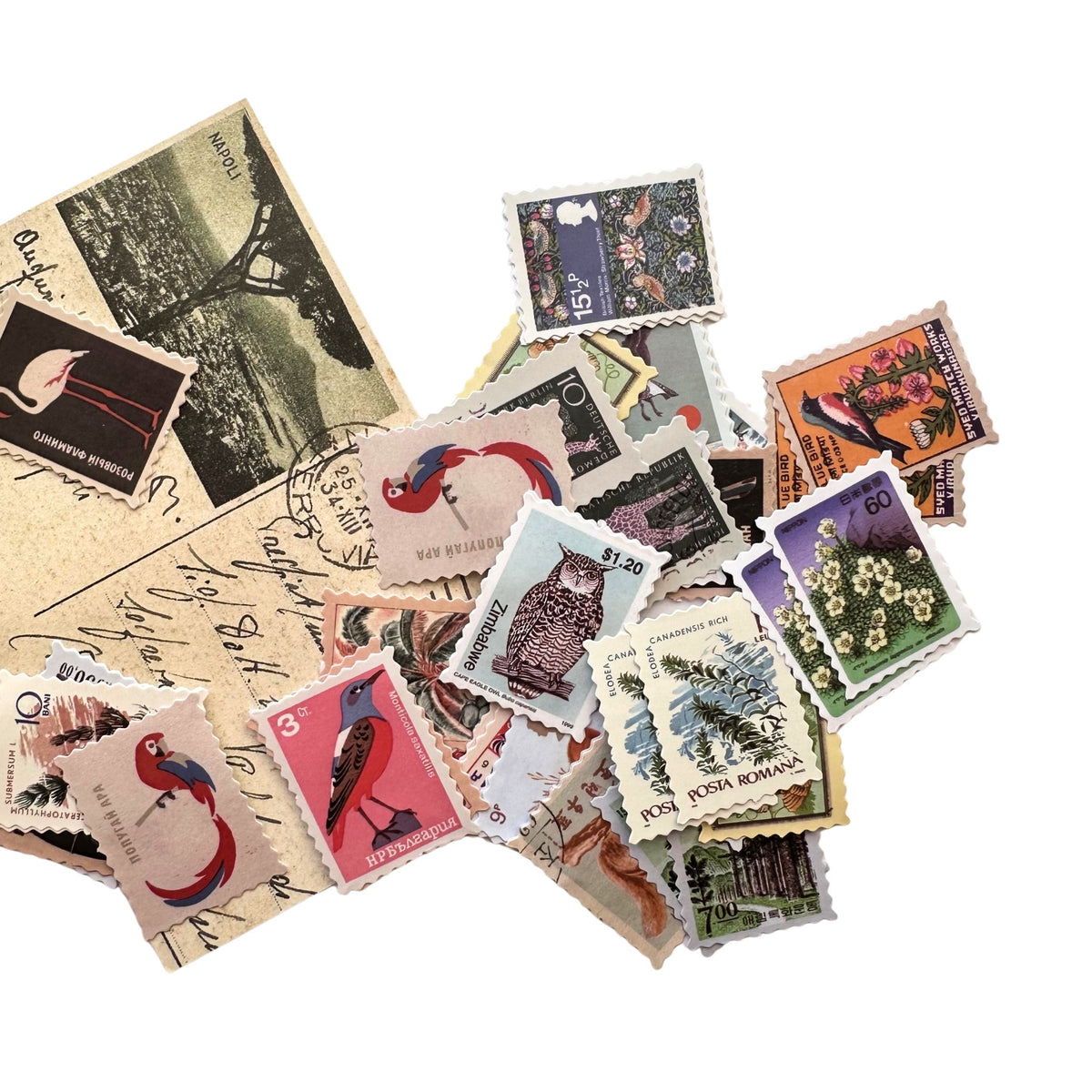 Vintage nature postage stamp sticker set