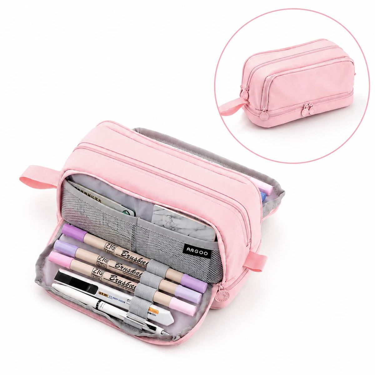 A pink zippered pencil case shown open on a white background, with an inset circle at the top right showing the closed view. The case contains pens and pencils in its compartments.