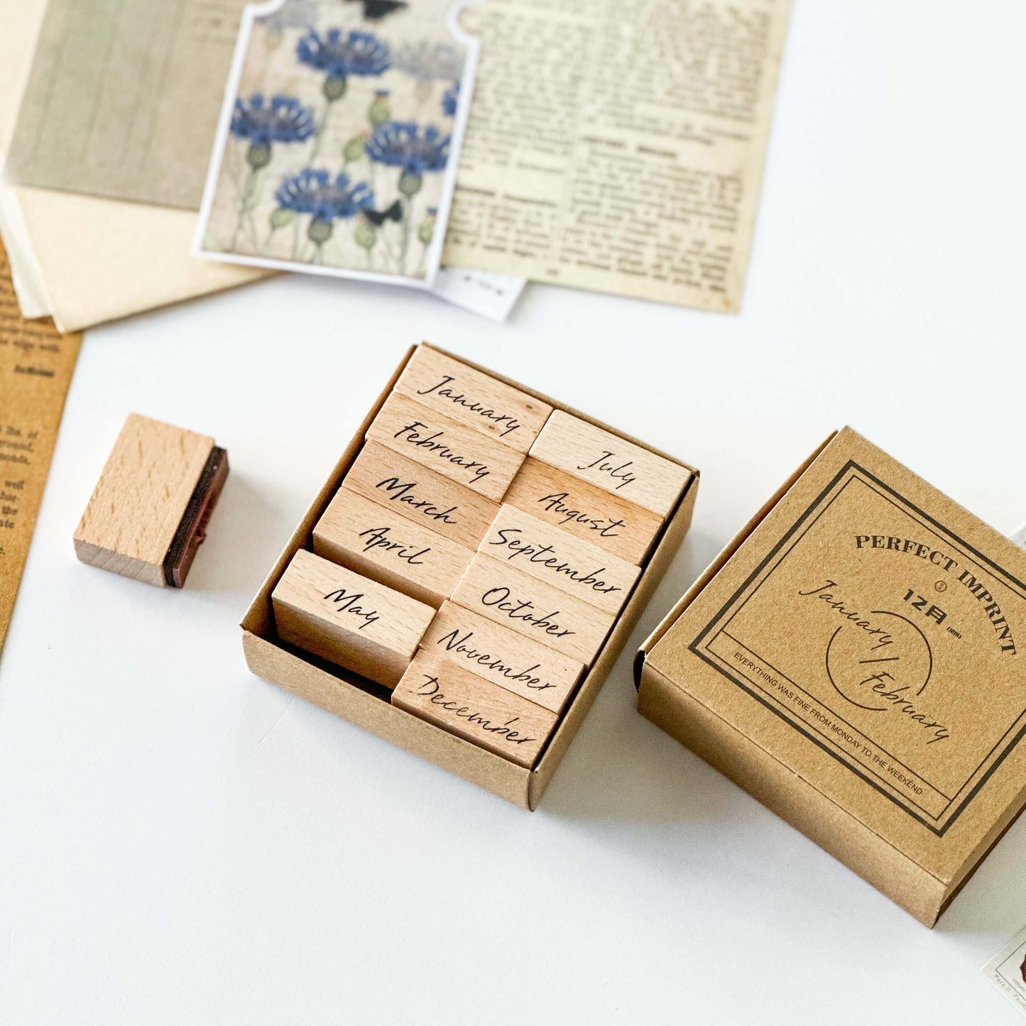 Wooden stamp set with months January to December