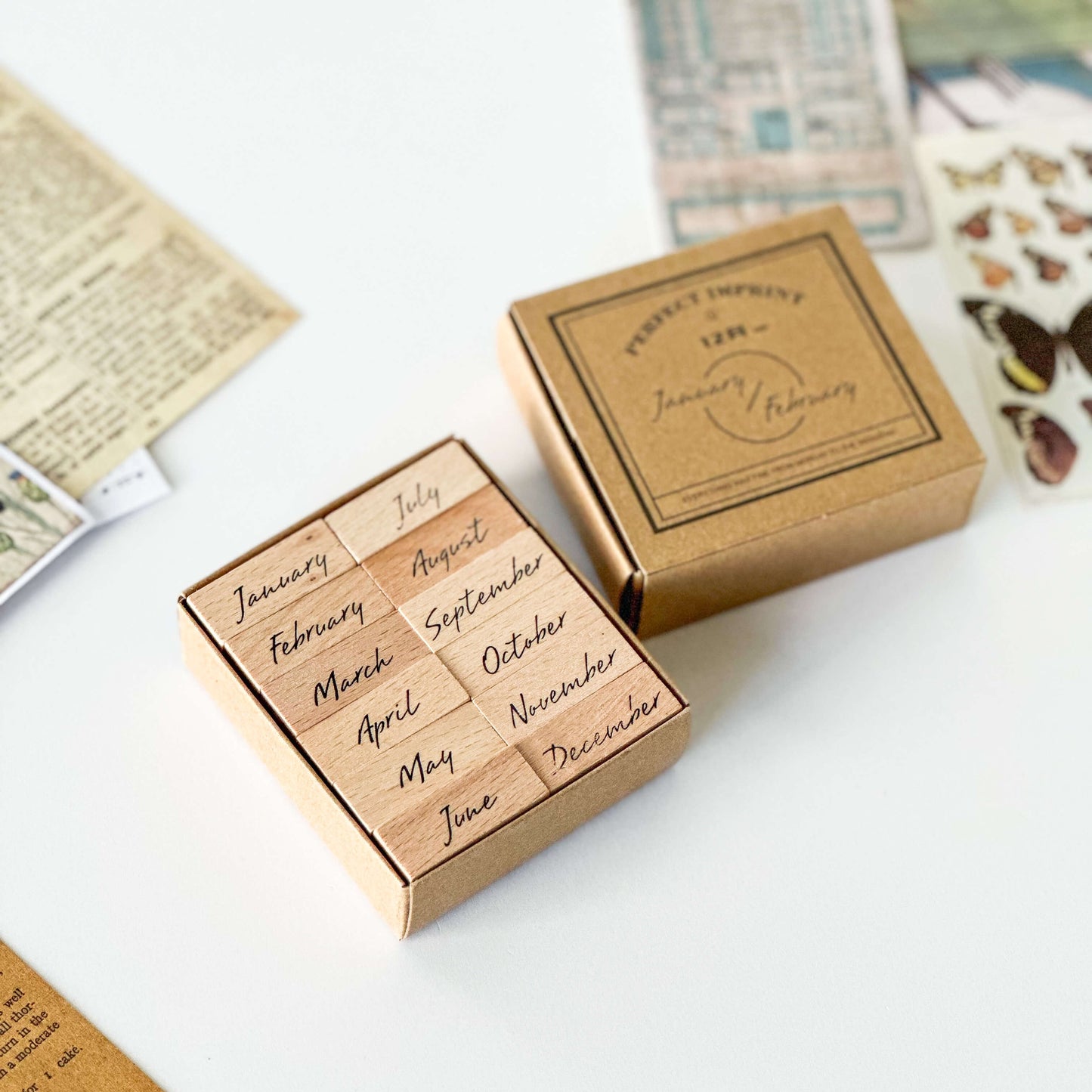 Wooden stamp set with months January to December