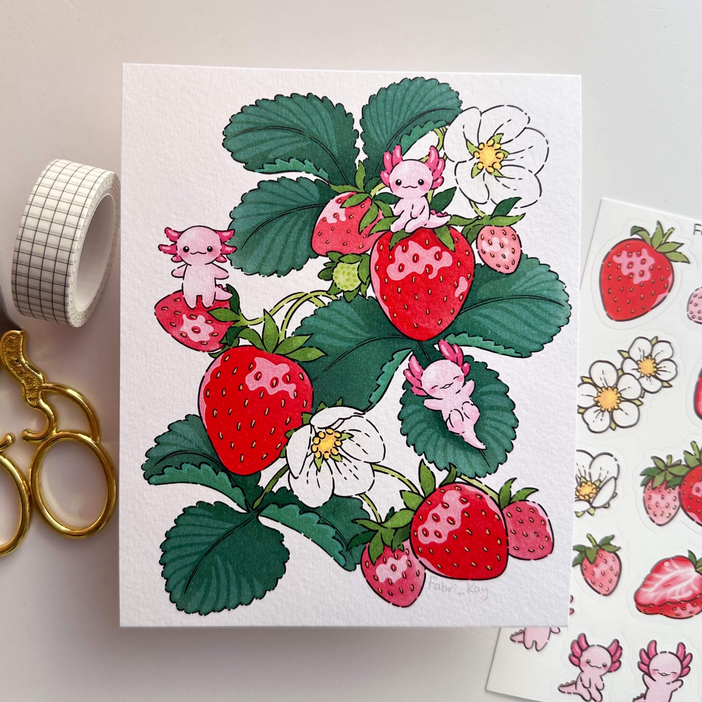 FabriKay Fruit Fairy Sticker Sheet & Art Print Set - Strawberry Axolotl