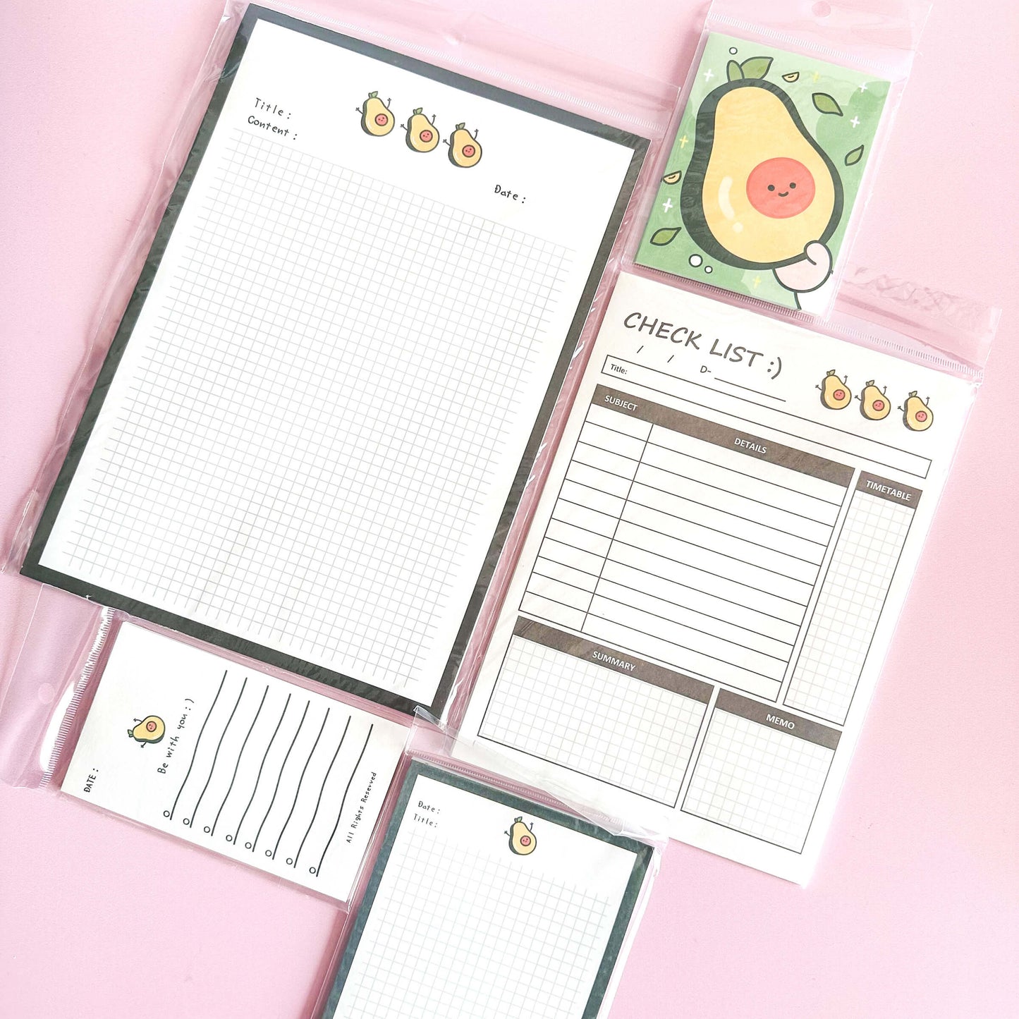 Avo themed notepad set includes: 1 Grid notepad: 176mm x250mm 1 Checklist notepad with subject and timetable: 144x206mm 1 Grid Date & title notepad: 100x 130mm 1 Checklist notepad: 70X 120MM 1 Avo notepad: 76 x 100mm