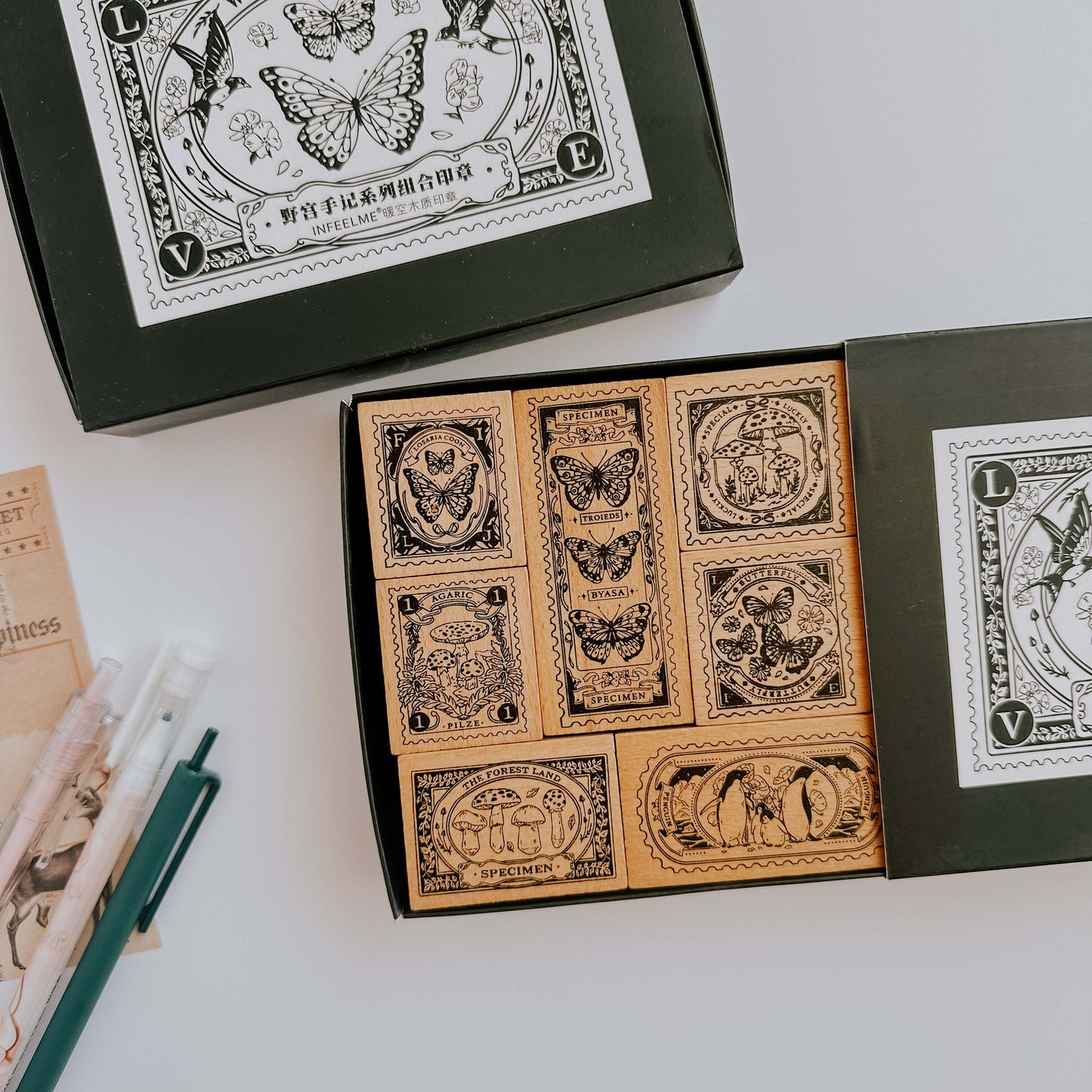 Wooden stamp set - Mystical butterfly & mushrooms