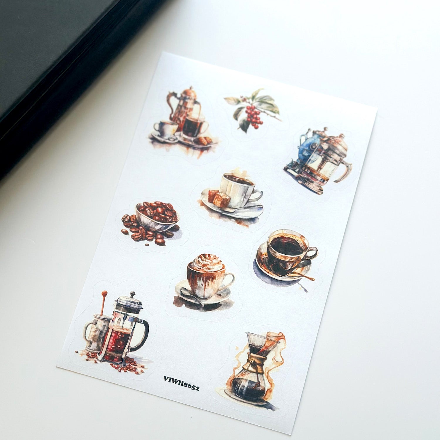 Sticker sheet with coffee illustrations in watercolor style