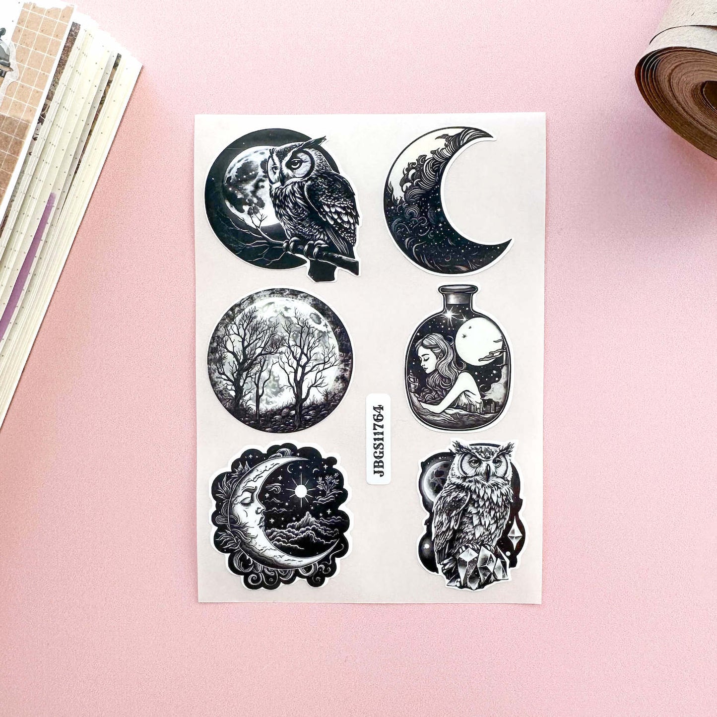 Celestial oddities 3 sticker sheet - vinyl. black and white illustrations