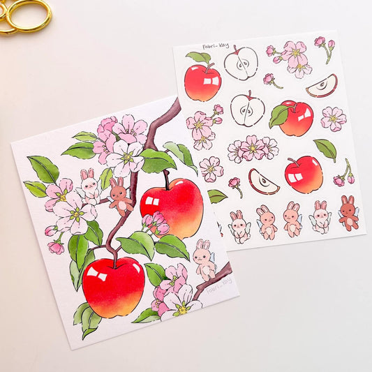 FabriKay Fruit Fairy Sticker Sheet & Art Print Set - Apple bunnies