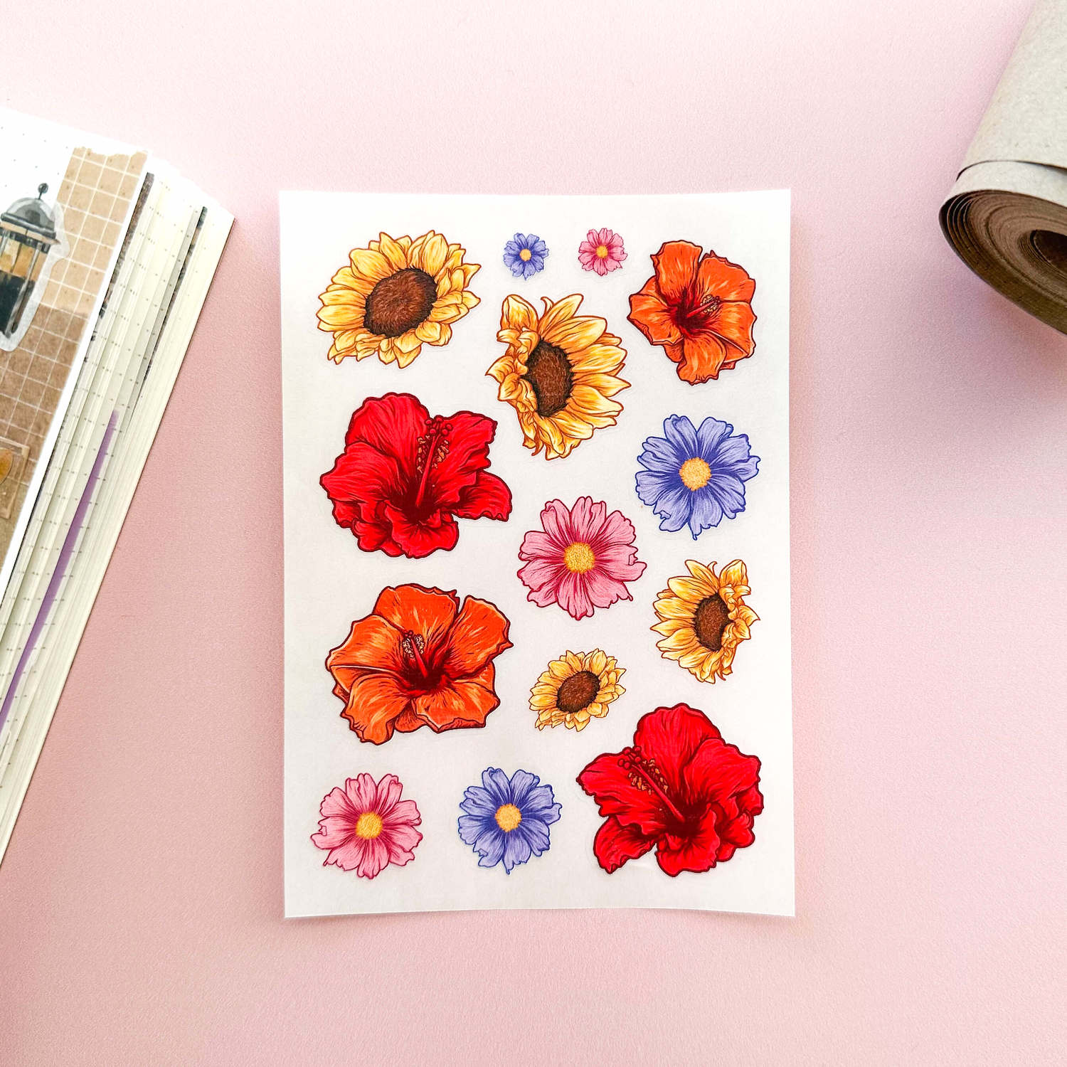Okay, bloomer sticker sheet - vinyl. colourful flowers.