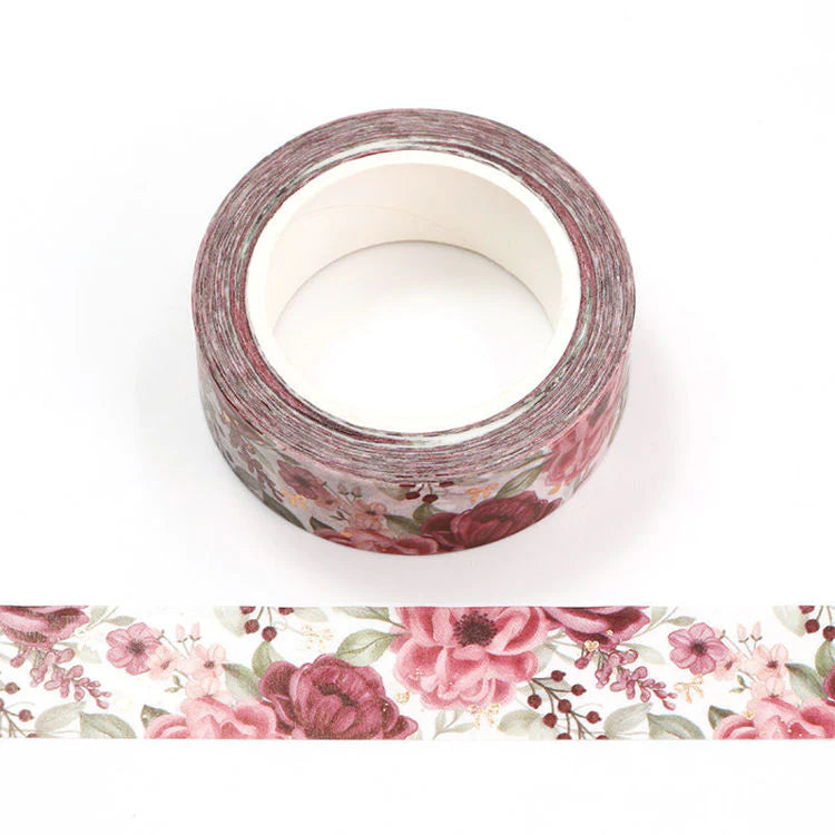 Pink flowers & gold bows washi tape - 10m