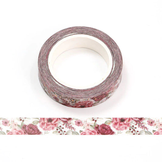 Pink flowers & gold stars washi tape - 10m