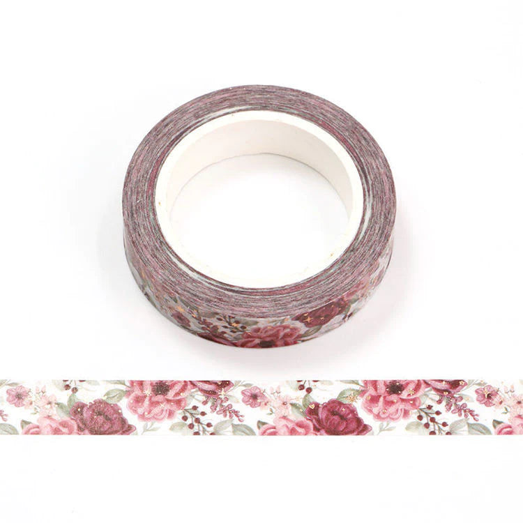 Pink flowers & gold stars washi tape - 10m