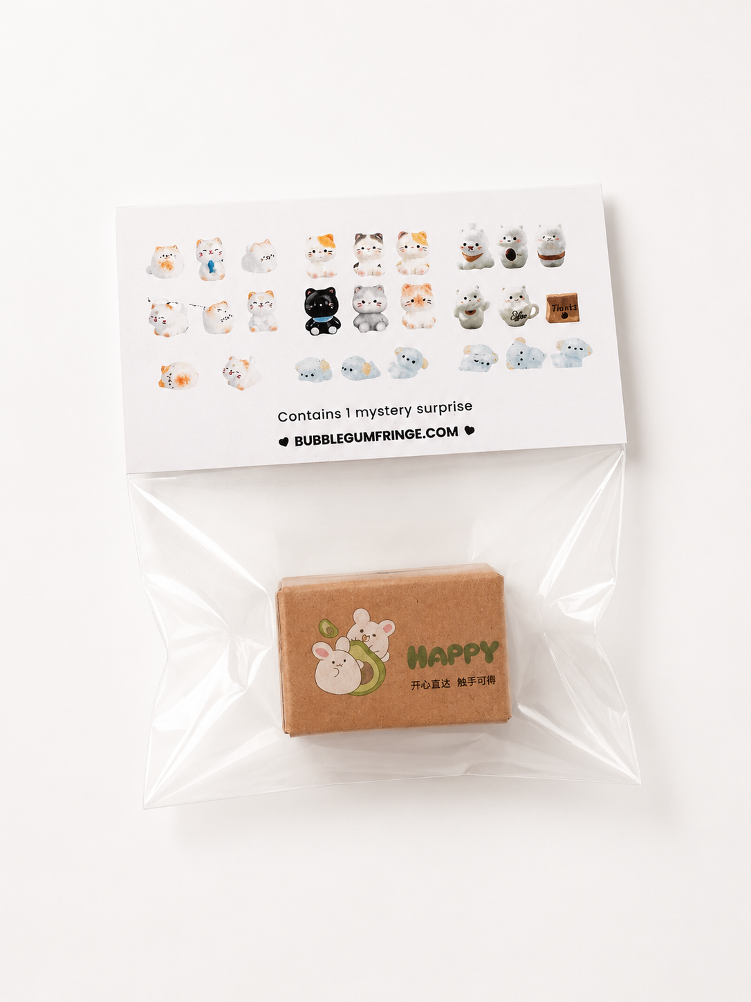 A clear plastic bag containing a small brown rectangular box with a cute bunny illustration and the word HAPPY, sealed under a printed card showing multiple small character designs and the text BubbleGumFringe.com.