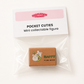 A packaged mini collectable figure from Bubblegum Fridge, labeled 'POCKET CUTIES'. The figure is a small brown cardboard box with a cute cartoon rabbit illustration and the word 'HAPPY' on the front, sealed inside a clear plastic bag with a white paper header card.
