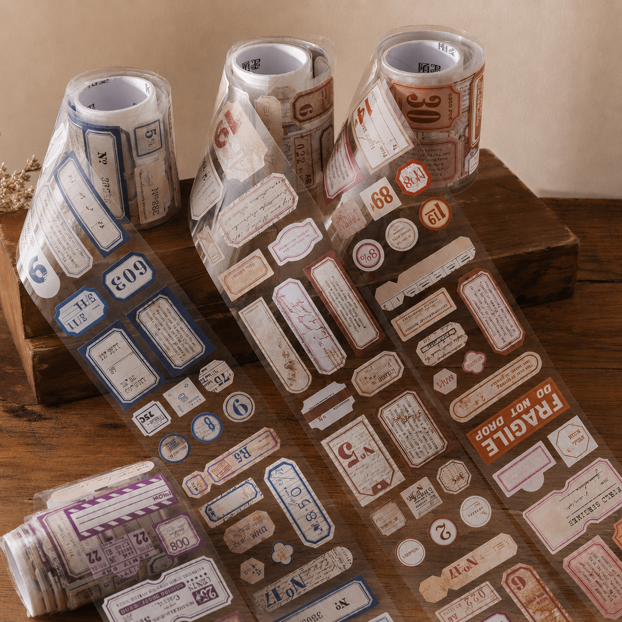 Three rolls of decorative washi tape with vintage-style shipping labels and stamps, unrolled to show the pattern designs on a wooden surface.