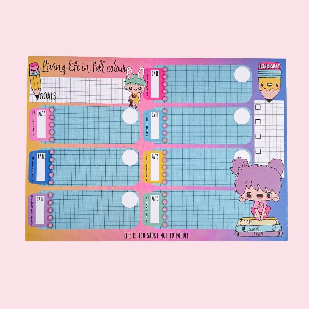 Colourful living life in full colour weekly planner notepad with cute illustration of girl sitting on pile of books. Includes space to write each day's date.