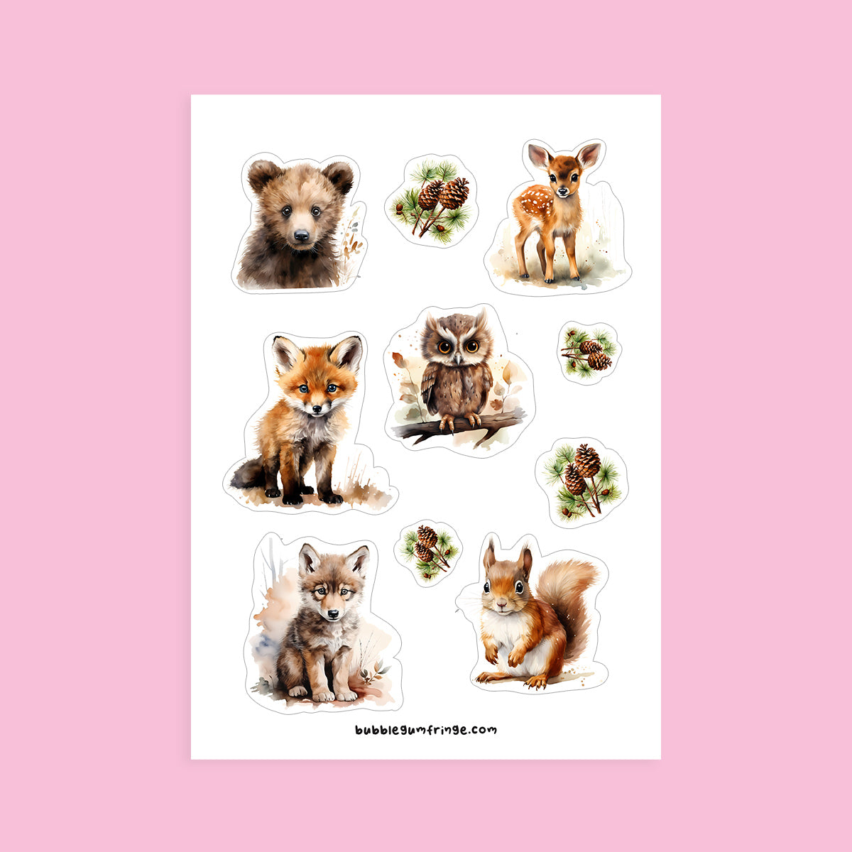 Sticker sheet with watercolor illustrations of woodland animals - style 1