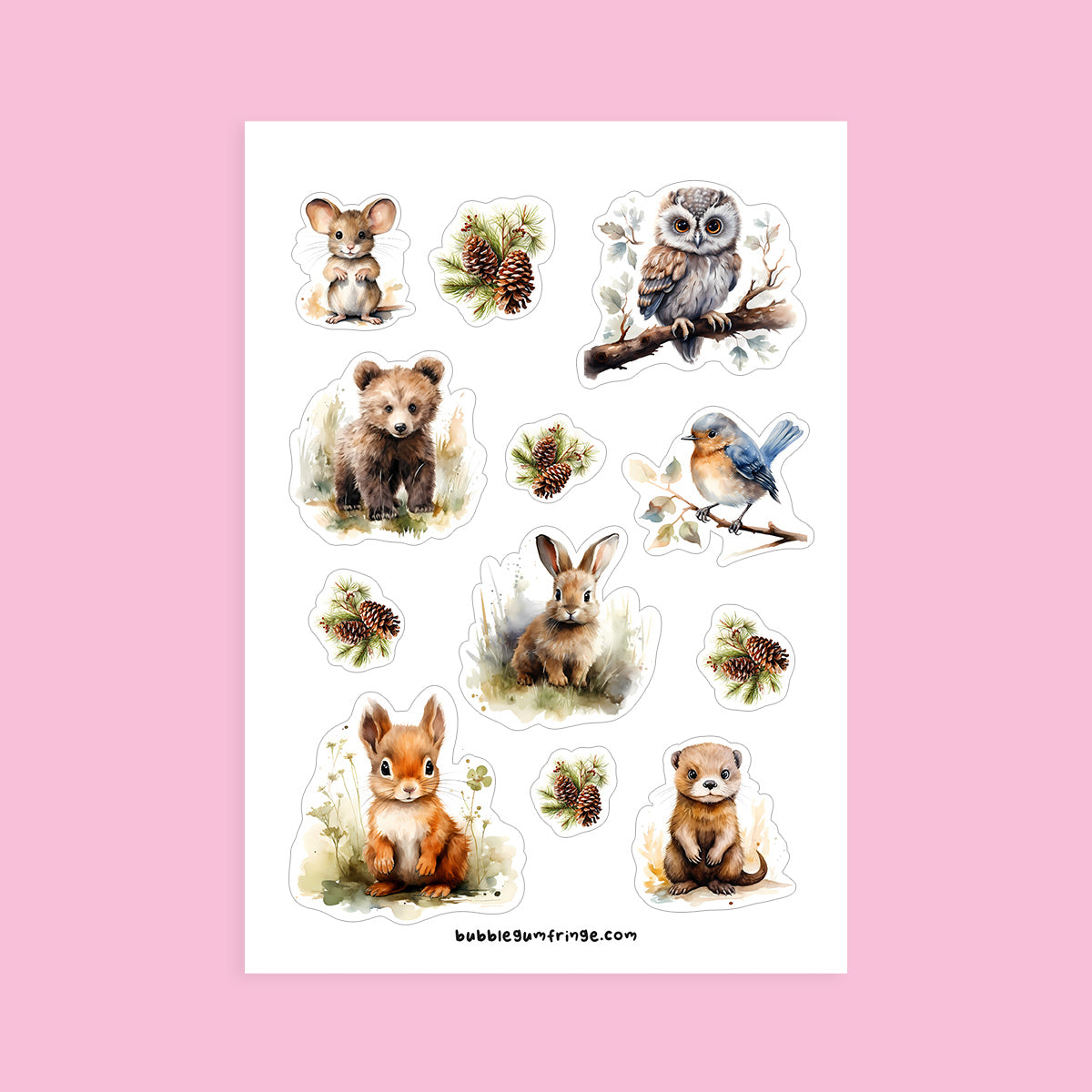 Sticker sheet with watercolor illustrations of woodland animals - style 2