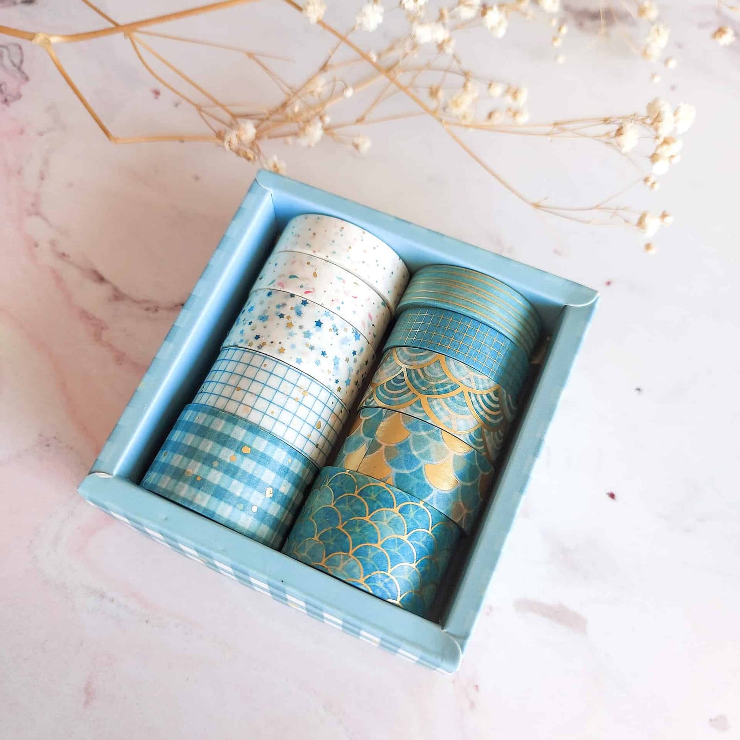 Gold detail washi tape set - Light Blues - 10 rolls