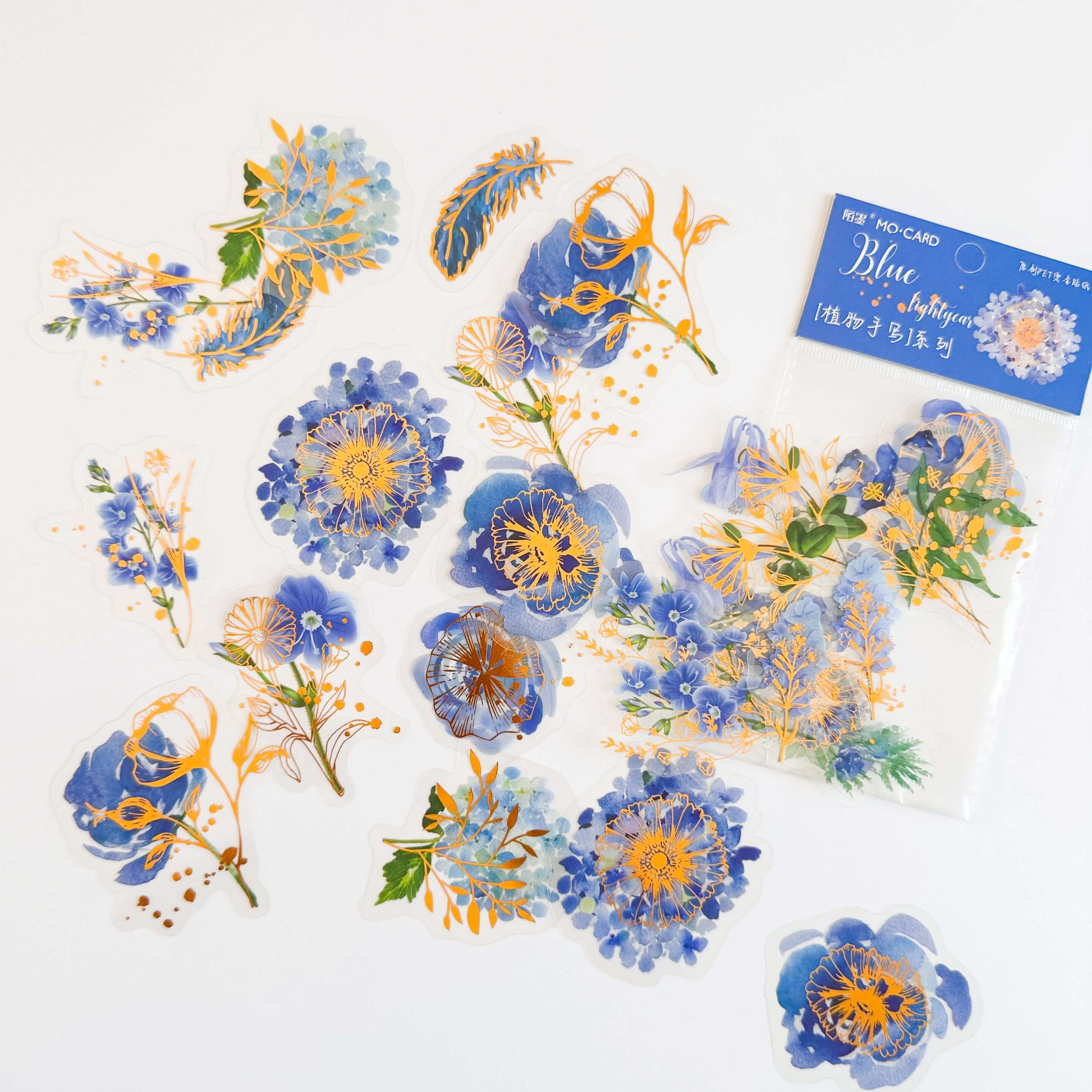 Blue and gold detail flower sticker pack with sticker packaging.