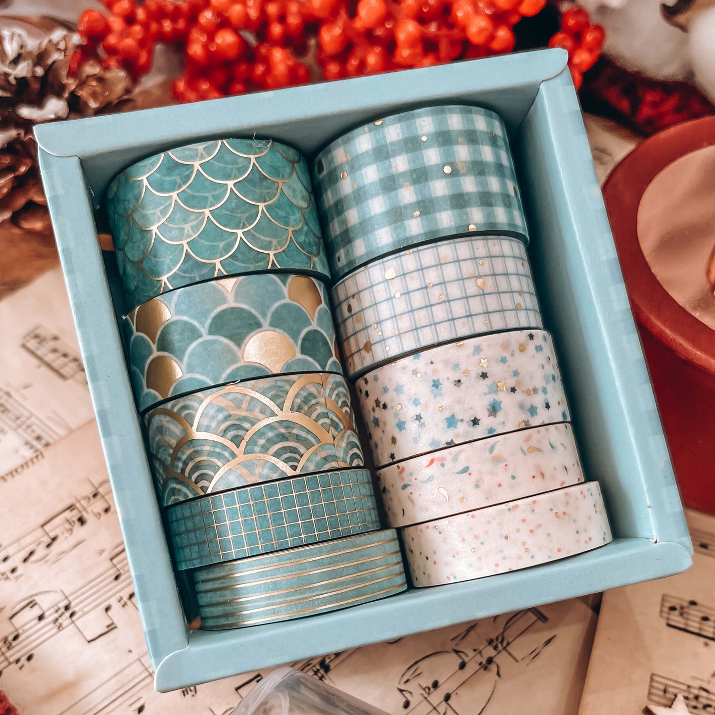 Gold detail washi tape set - Light Blues - 10 rolls