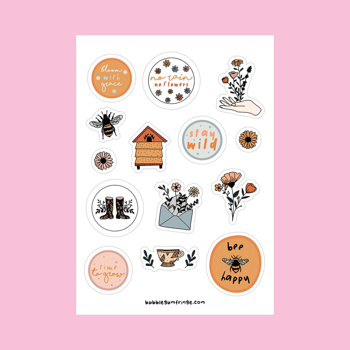 flowers and bees illustration sticker sheet