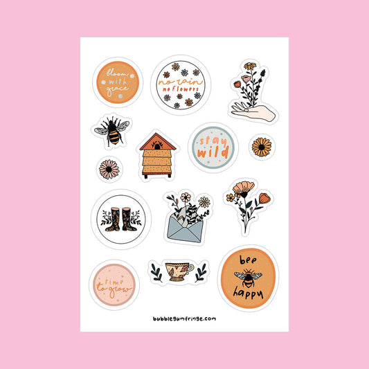 flowers and bees illustration sticker sheet