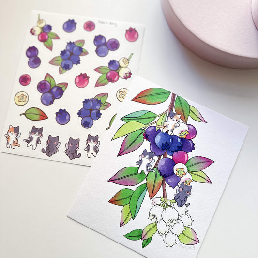 FabriKay Fruit Fairy Sticker Sheet & Art Print Set - Blueberry cats