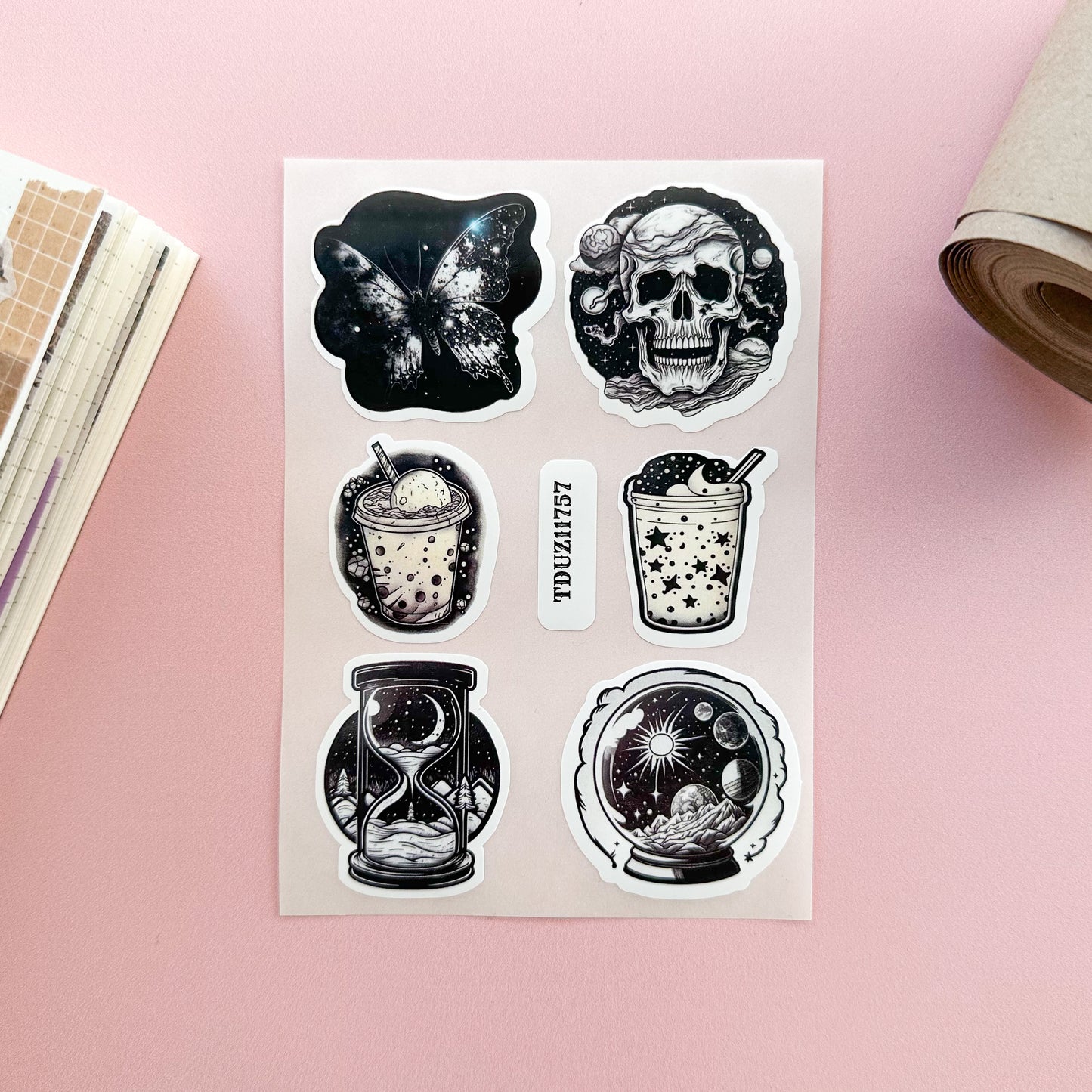 celestial oddities sticker sheet vinyl with black and white illustrations