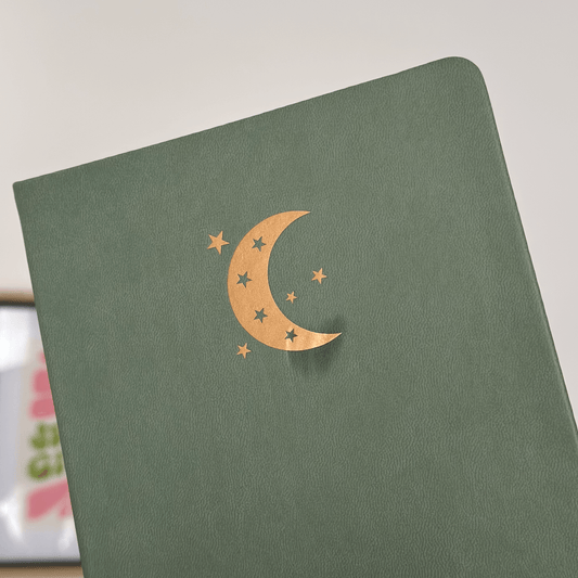 Green PU leather A5 dotted journal - Less than perfect copper moon print (with burn mark)