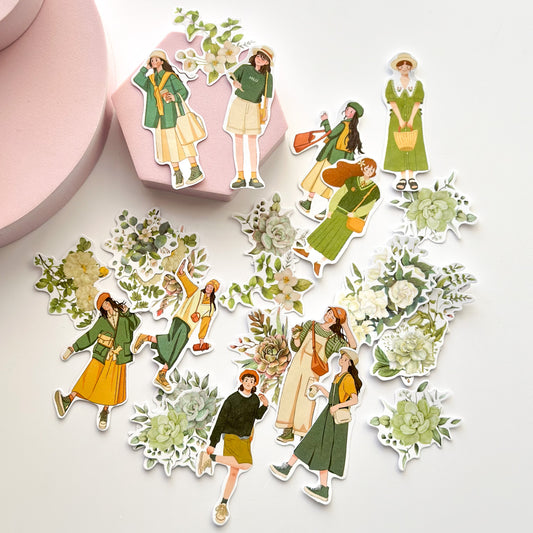 Flower picking girls sticker pack - Green - washi stickers