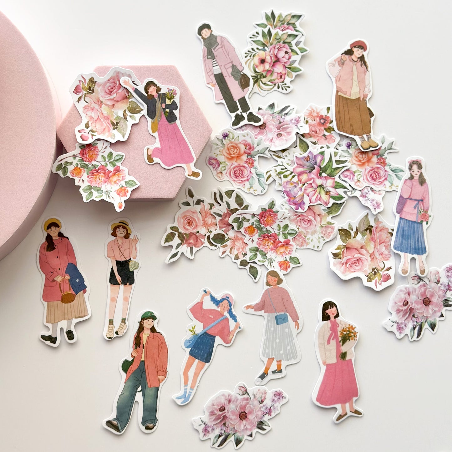 Flower picking girls sticker pack - Pink washi stickers
