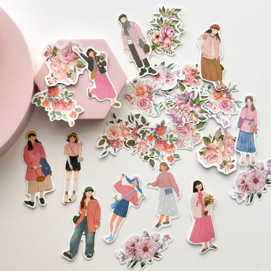 Flower picking girls sticker pack - Pink
