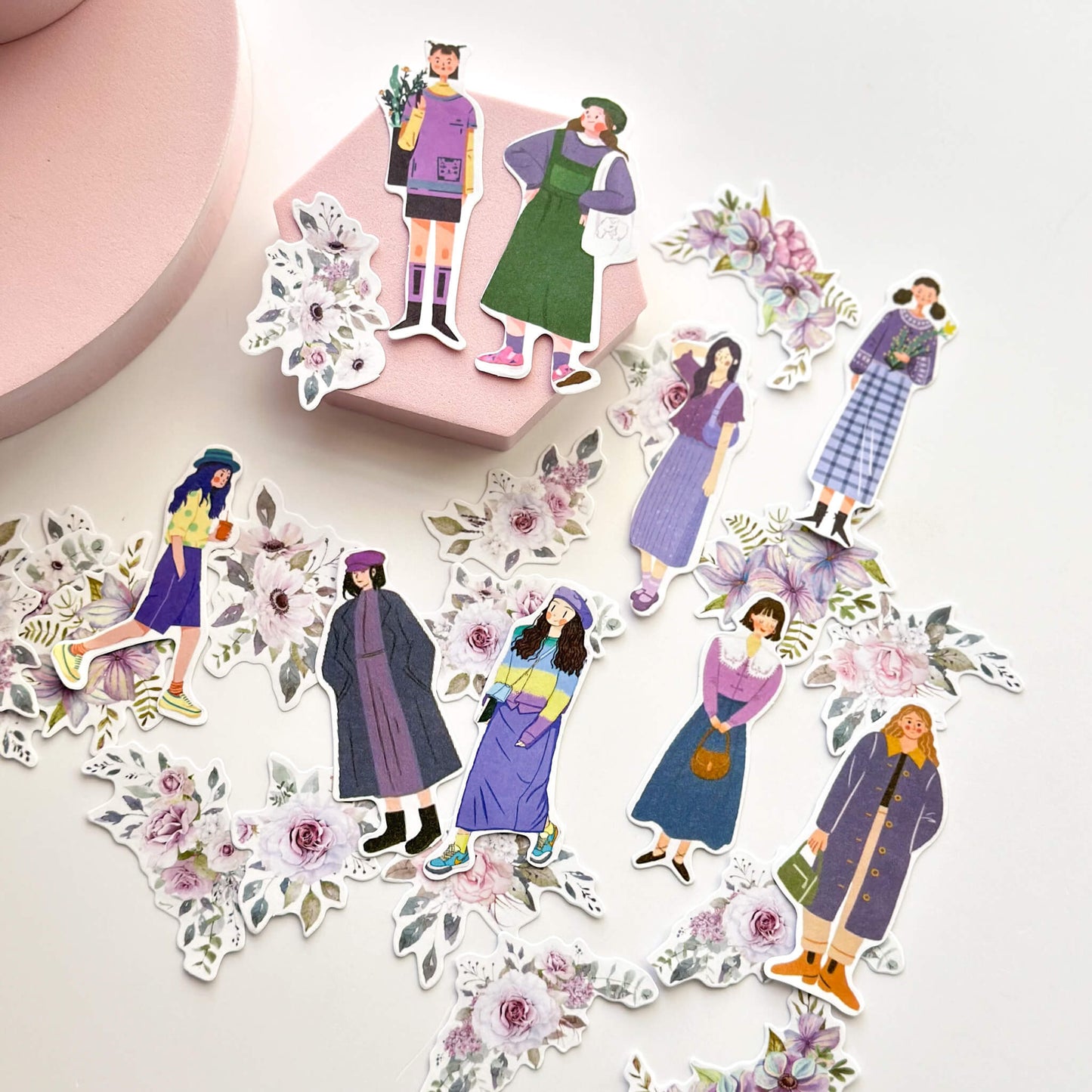Flower picking girls sticker pack - Purple - washi stickers