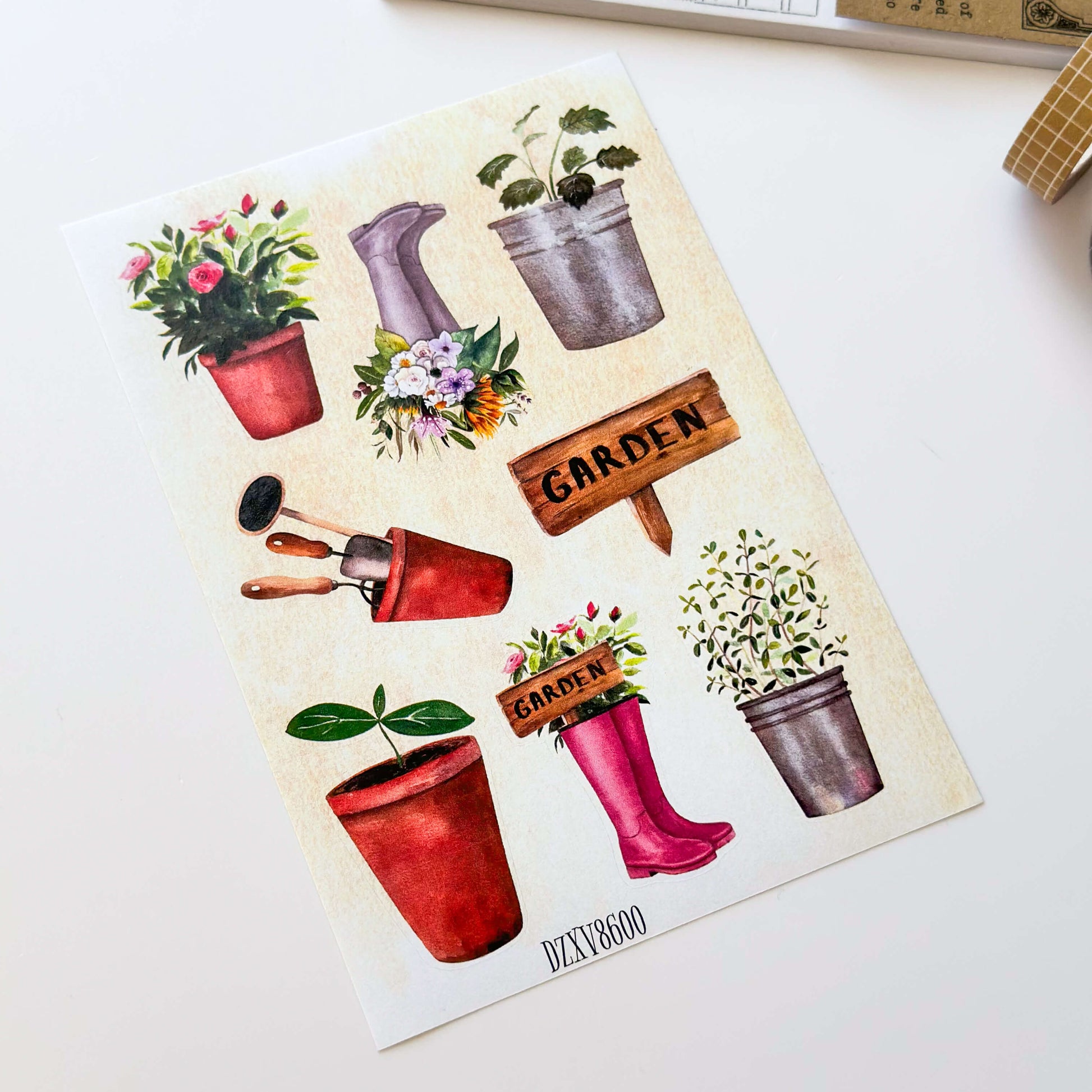 Garden sticker sheet with illustrations of garden boots and plants