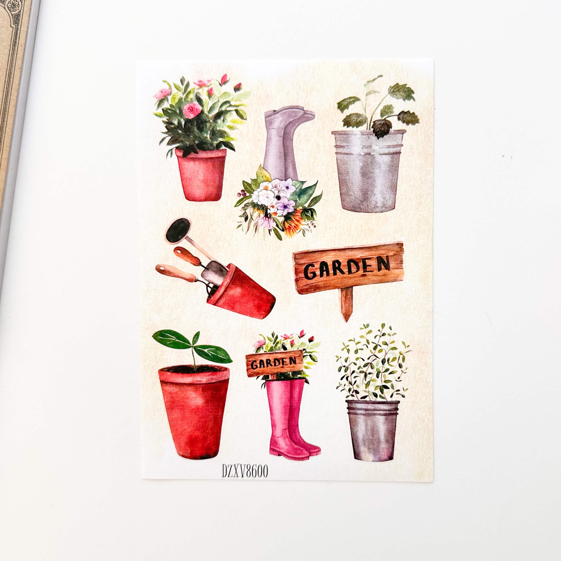 Garden sticker sheet with illustrations of garden boots and plants