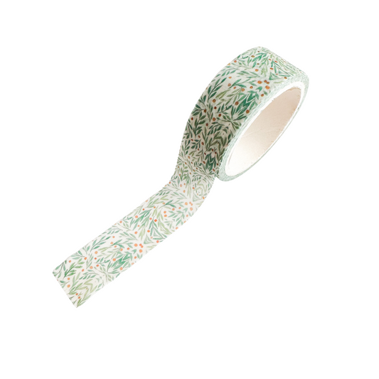 Washi tape roll with green leaf pattern.
