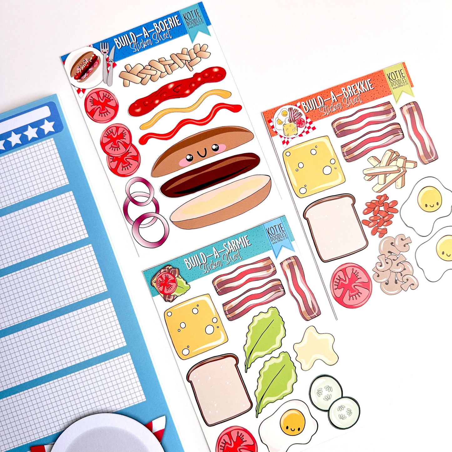 Build-a-boerie sticker sheet. Build-a-brekkie sticker sheet with food illustrations. Build-a-sarmie sticker sheet.