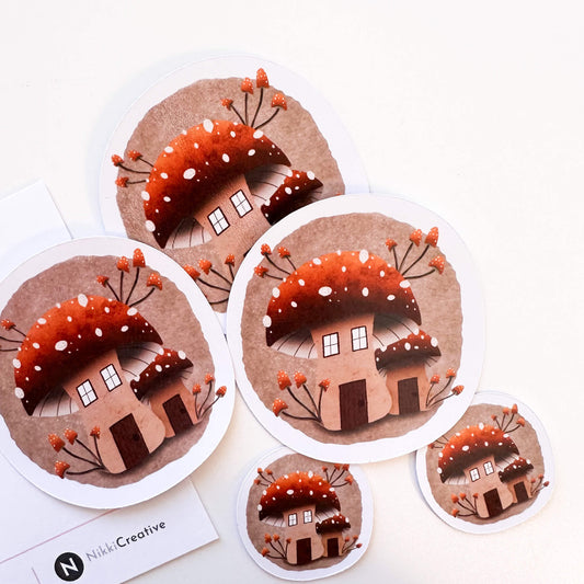 3 large and 2 small mushroom house illustrated stickers