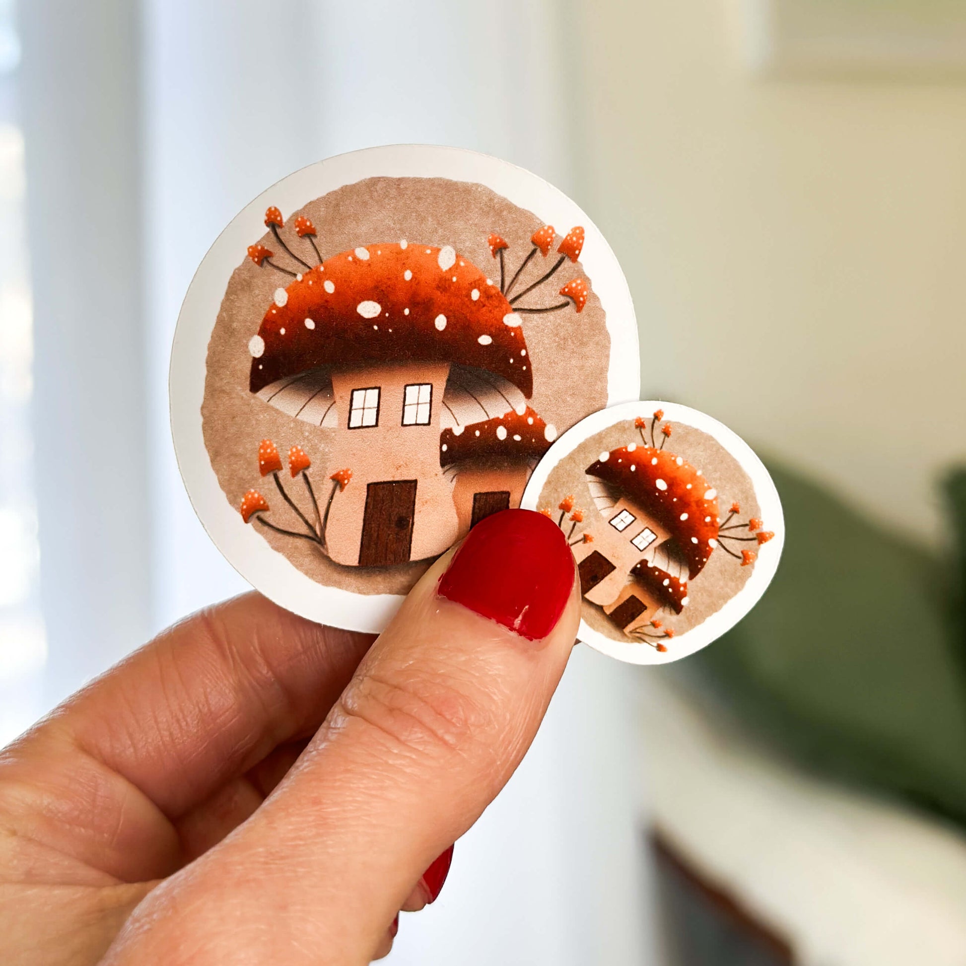 One large and one small mushroom house illustrated stickers