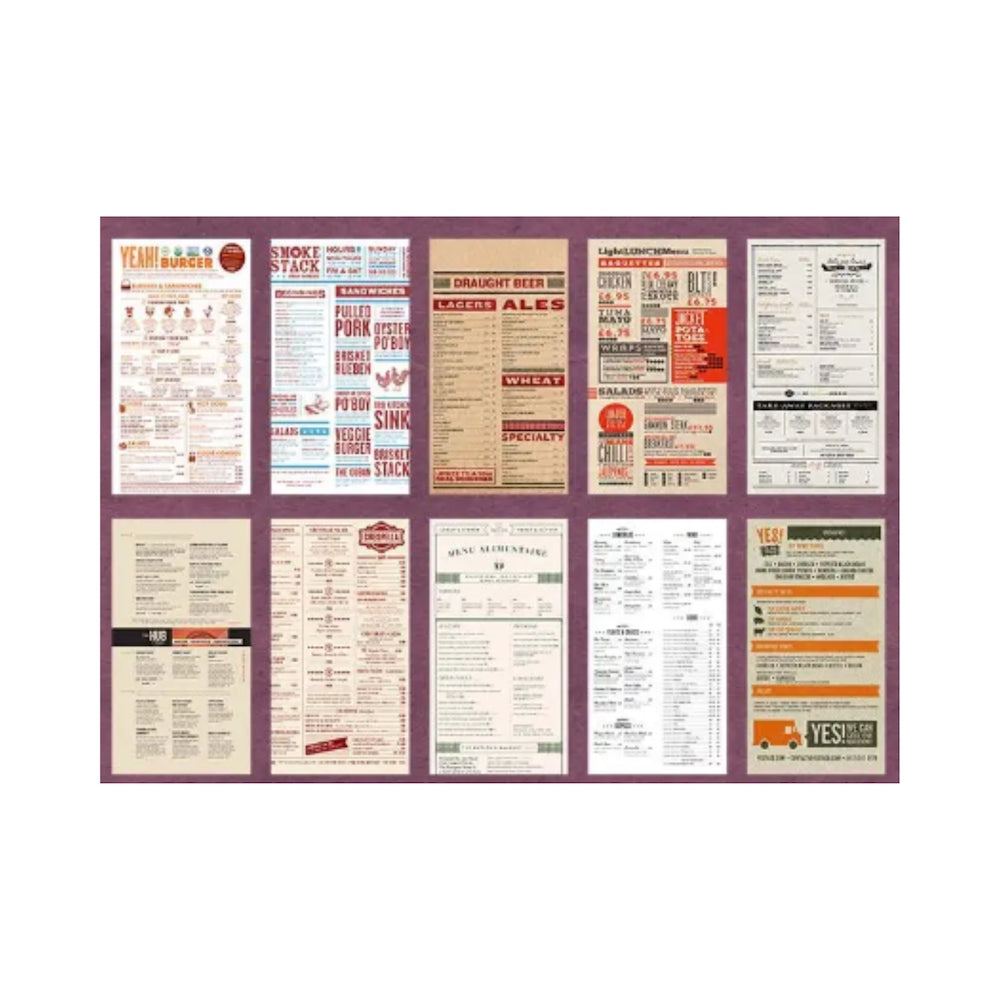 Overview of decorative paper designs with text and menu printed details.