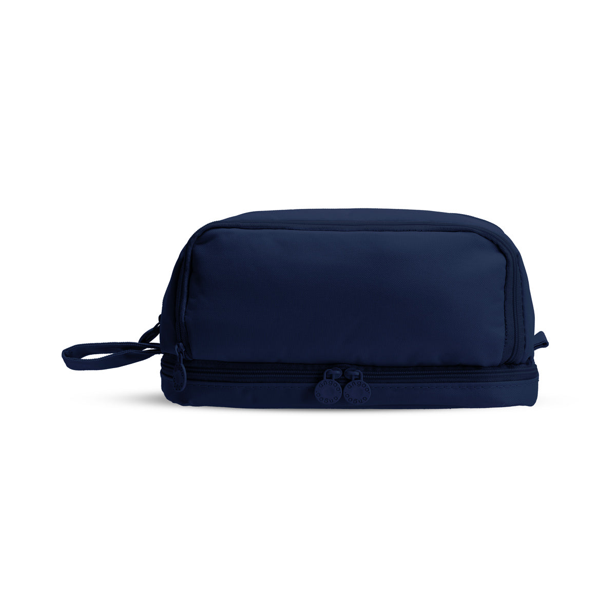 A navy blue rectangular toiletry bag with a top zipper, a bottom zippered compartment, and a small carrying loop, shown on a plain white background.