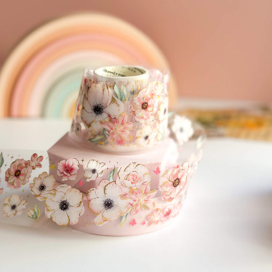 White and pink poppies - wide PET tape roll