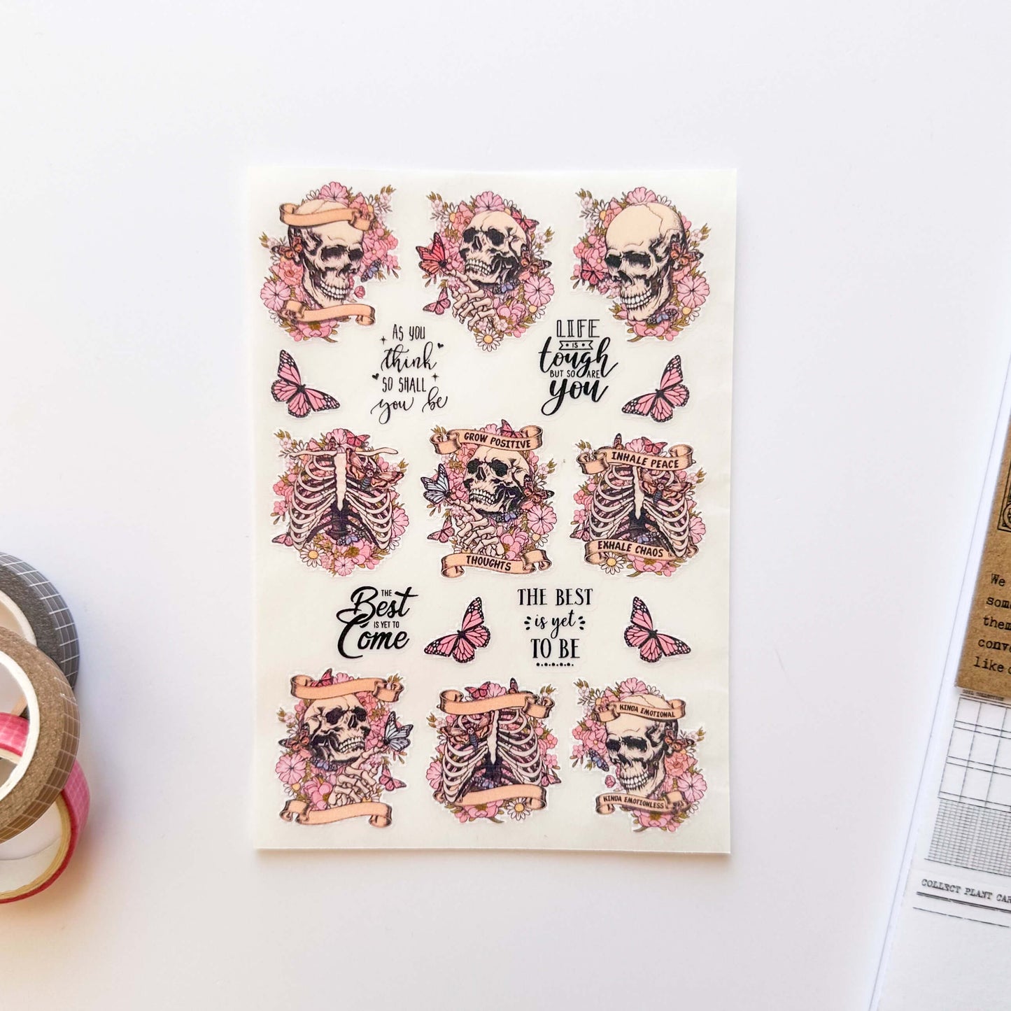 Pink skulls and flowers sticker sheet - vinyl