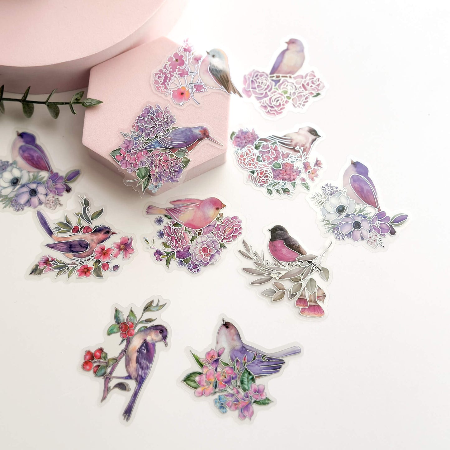 Holographic bird & flowers sticker packs - 20pcs