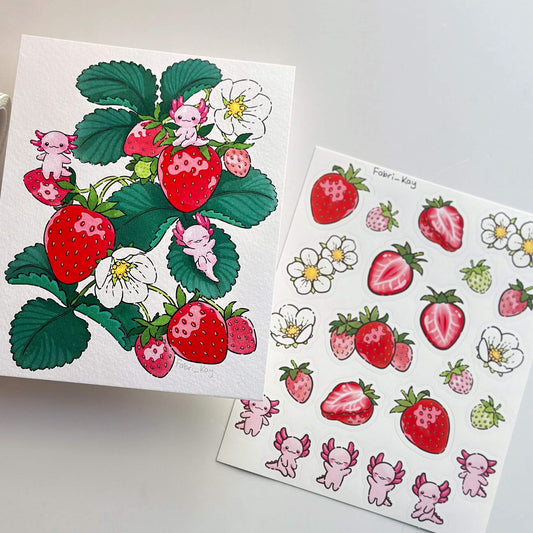 FabriKay Fruit Fairy Sticker Sheet & Art Print Set - Strawberry Axolotl